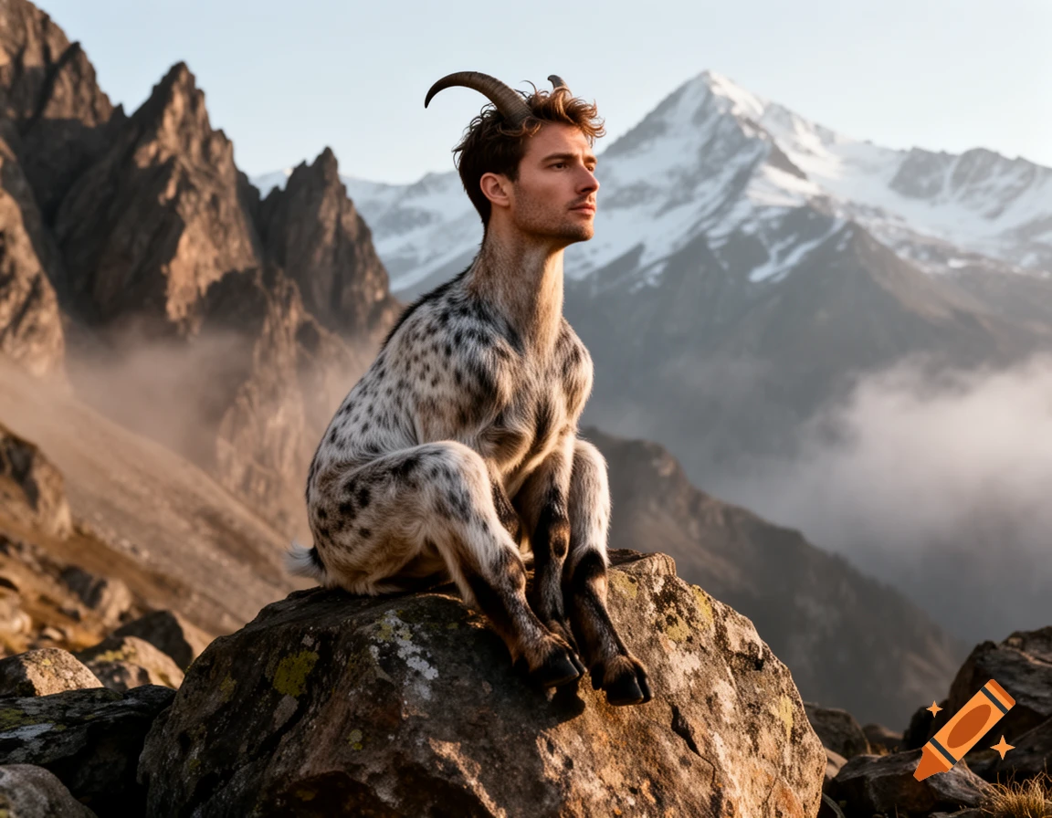 Photorealistic image of a man's head on a spotted mountain goat's body, sitting on a rock in a misty mountain landscape at sunrise.