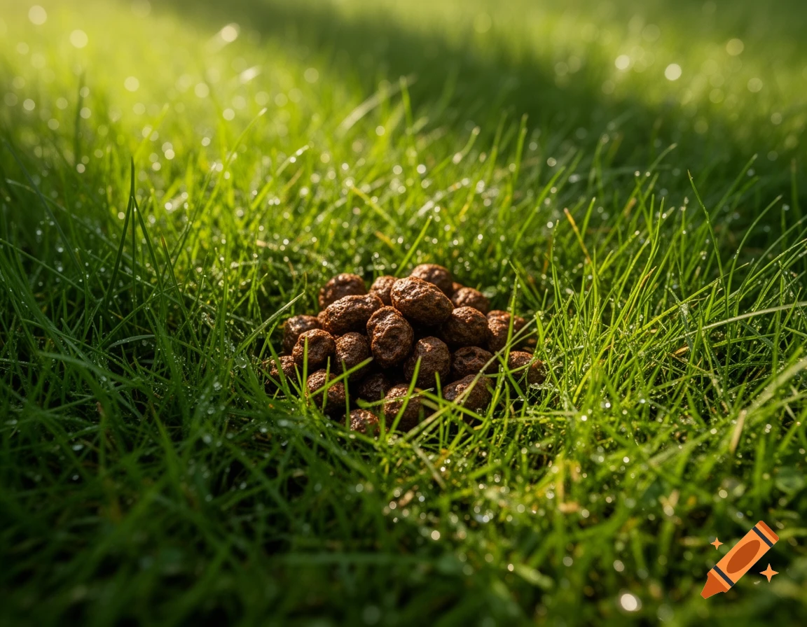 A pile of dark brown animal droppings nestled in bright green grass covered in dew drops, bathed in sunlight.