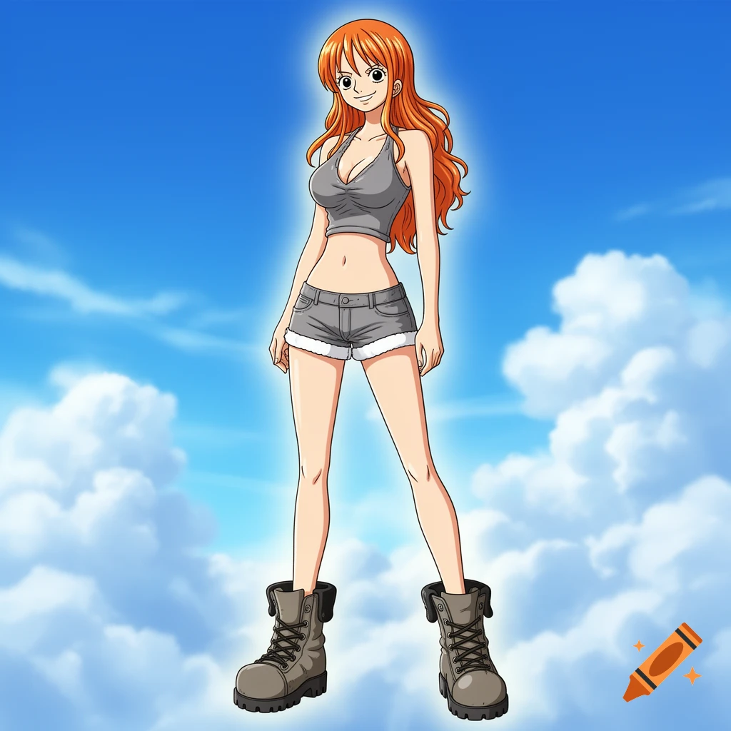 Anime character Nami from One Piece in a grey crop top, shorts, and boots, standing against a blue sky with clouds.