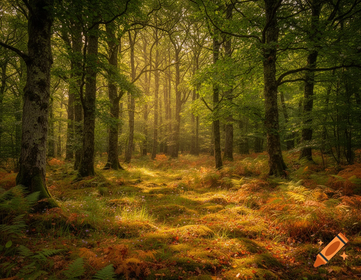 Sunlight filters through tall trees onto a vibrant, mossy woodland floor with ferns and autumn leaves.