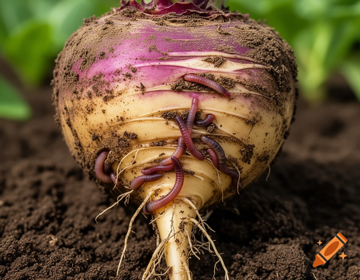 Close-up, photorealistic image of a freshly dug turnip covered in soil and several earthworms.