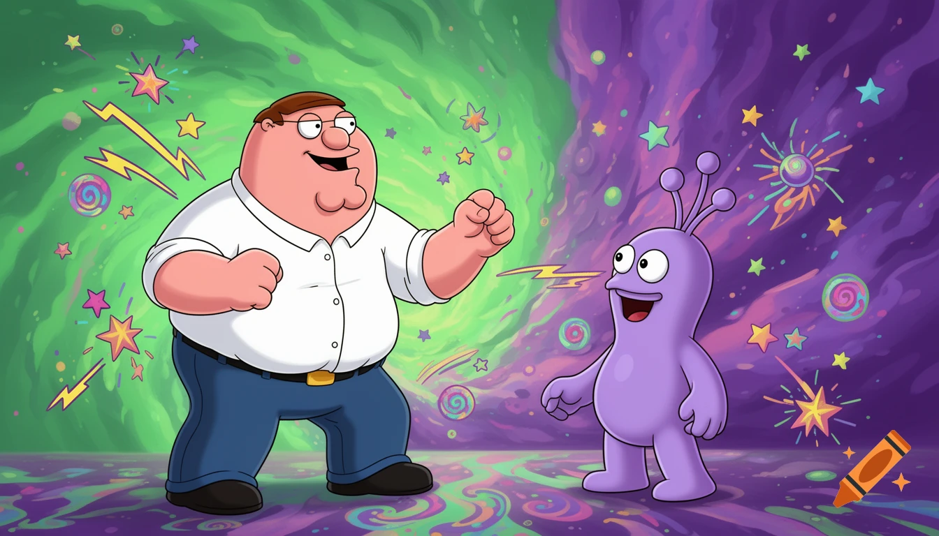 Peter Griffin playfully faces a purple alien creature in a vibrant, colorful, star-filled, swirling psychedelic dimension.