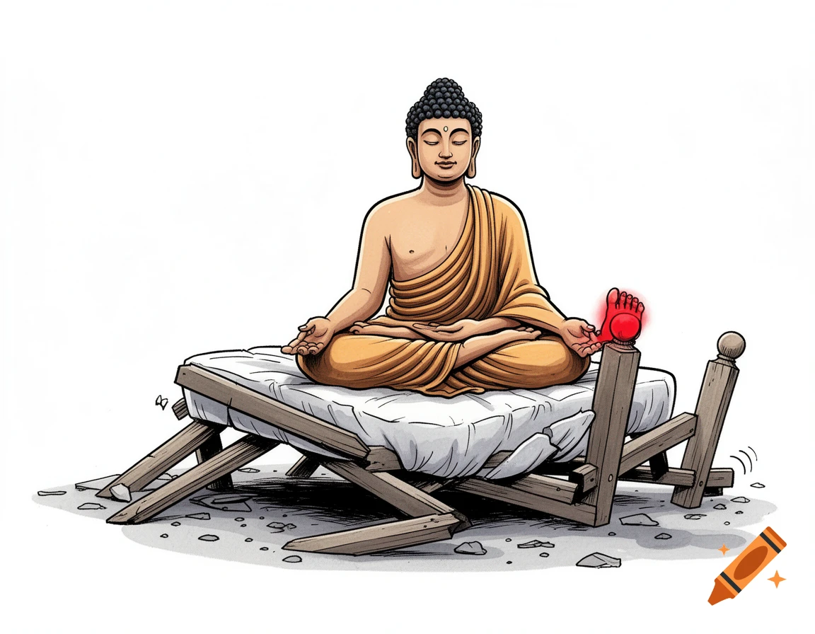 Cartoon Buddha meditates on a collapsed bed, his big toe comically swollen and red from a broken bedpost, comic style.