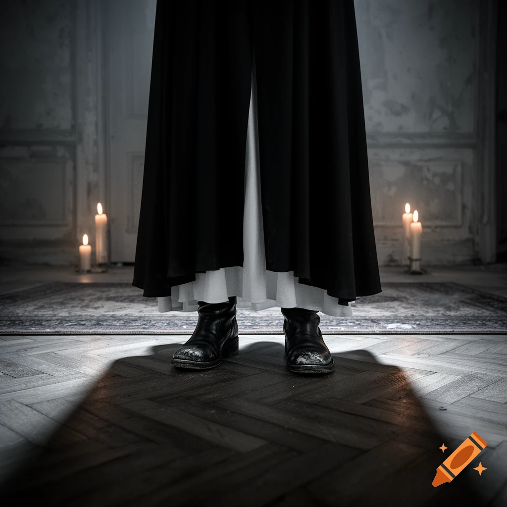 A low shot of a person's feet in black boots and a long black cloak, standing on a wooden floor in a dimly lit, candlelit room.