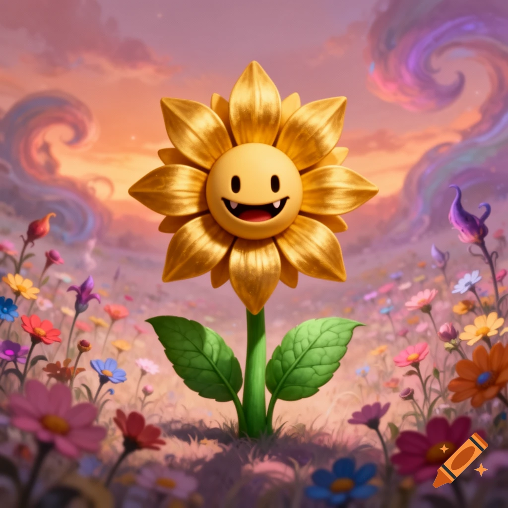 A cute, golden, cartoon flower with a smiling face and fangs in a field of colorful wildflowers under a vibrant, cloudy sky.