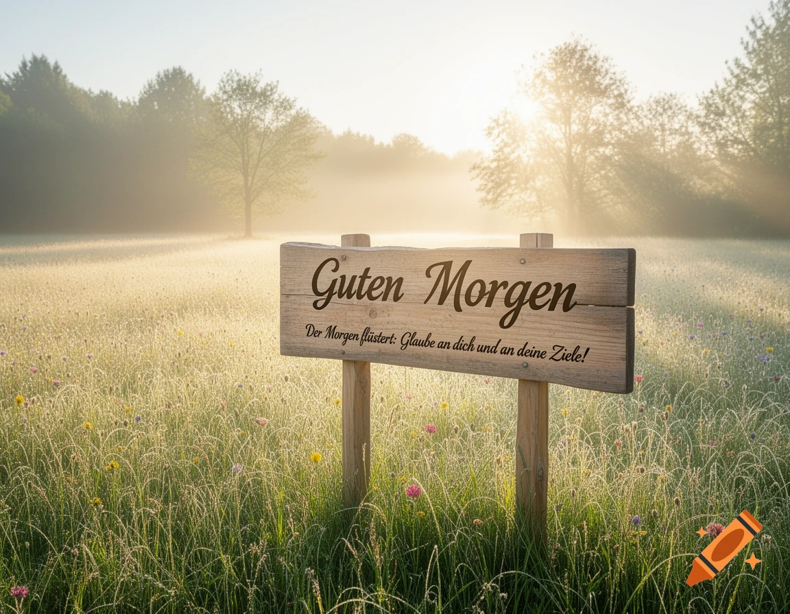 A wooden sign in a misty, sun-drenched field at sunrise reads "Guten Morgen, Der Morgen flüstert: Glaube an dich und an deine Ziele!"