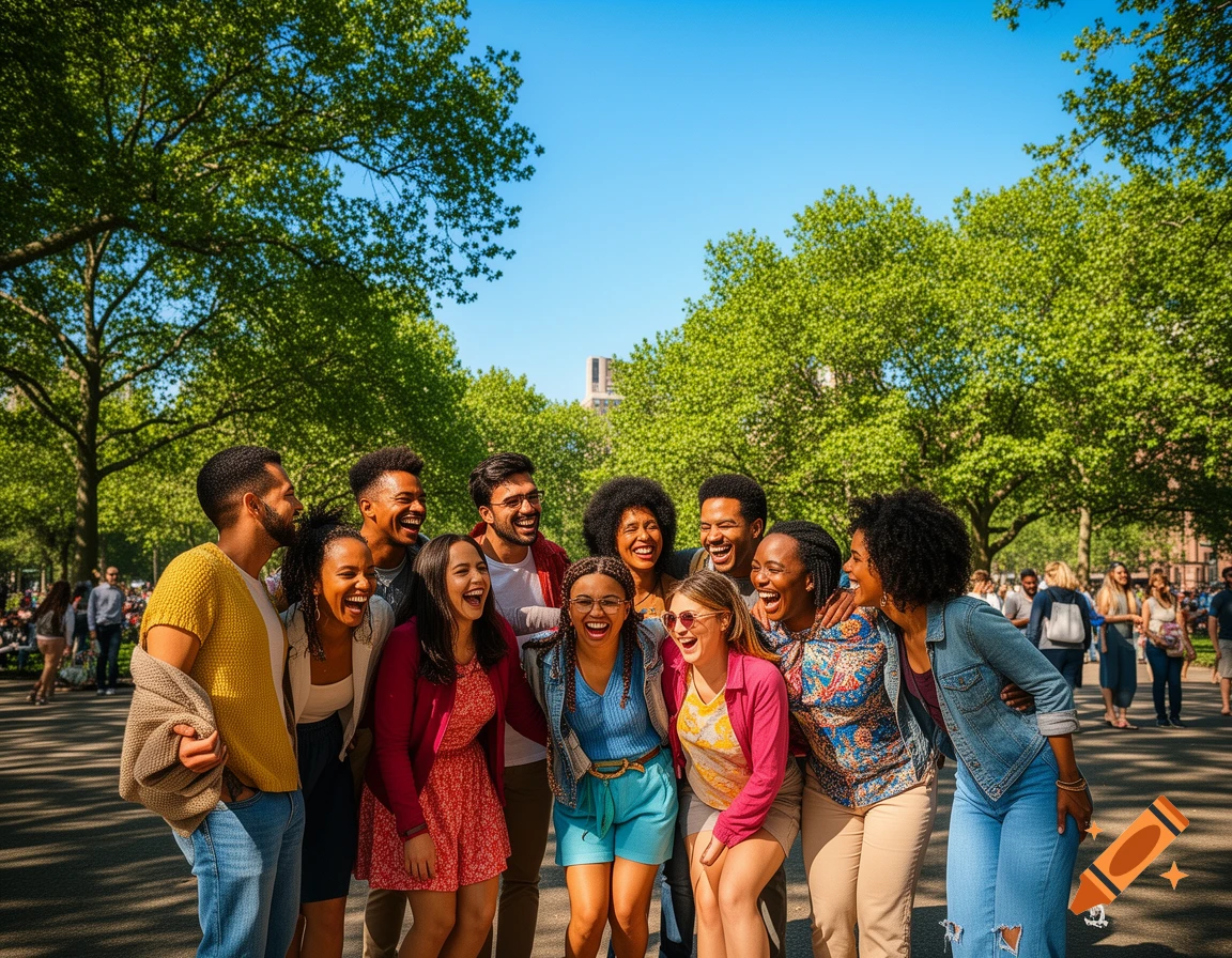 A diverse group of friends laughing and smiling together in a sunny park with lush green trees.