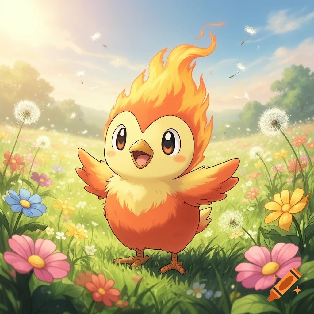 A cute, fiery orange and yellow bird creature stands in a vibrant flower field under a sunny sky in a cartoon style.