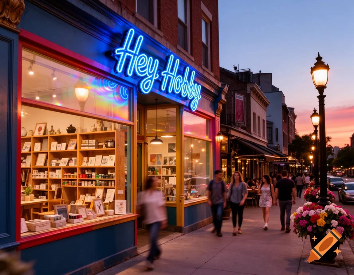 A vibrant street at dusk with a blue neon sign reading "Hey Hobby" on a storefront, people walking past, and streetlights illuminating flowers.