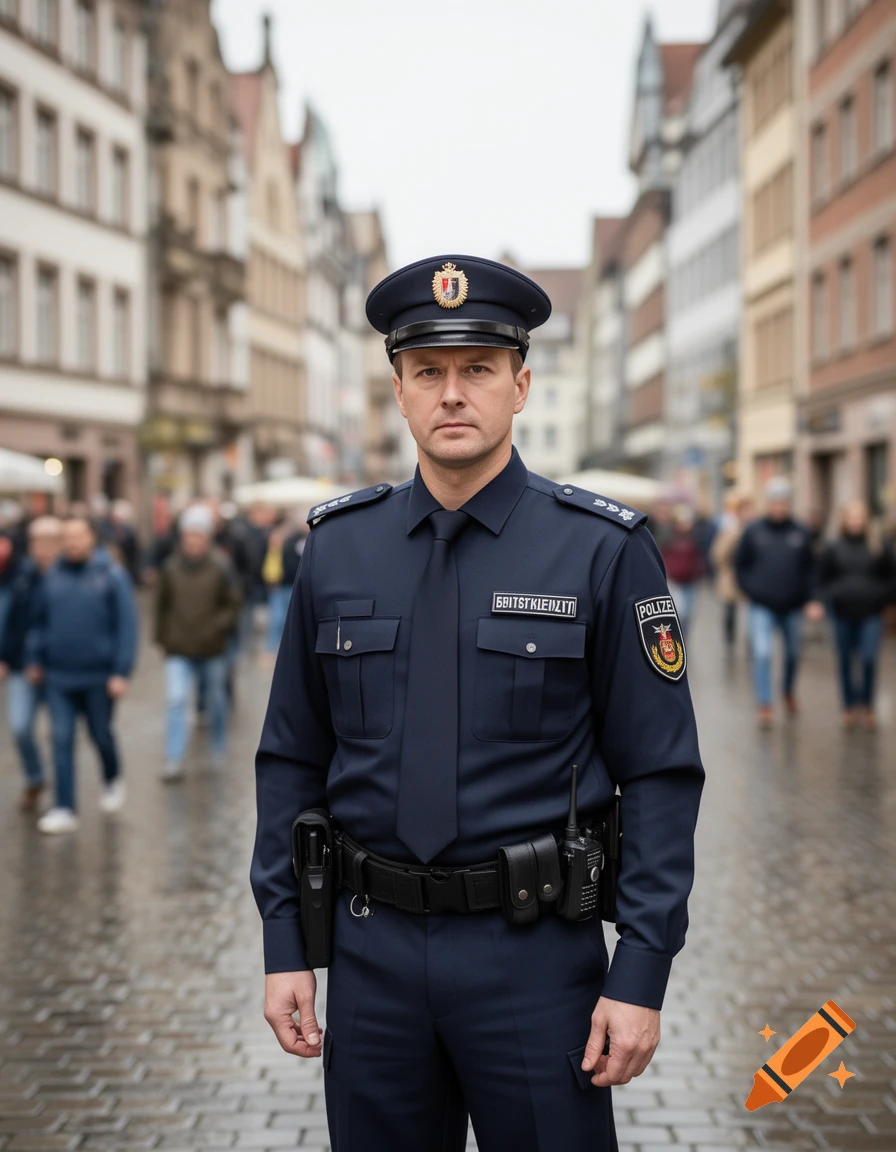 A serious-looking male police officer in a dark blue uniform and cap stands on a wet cobblestone street in a European city, with blurred pedestrians and buildings in the background.