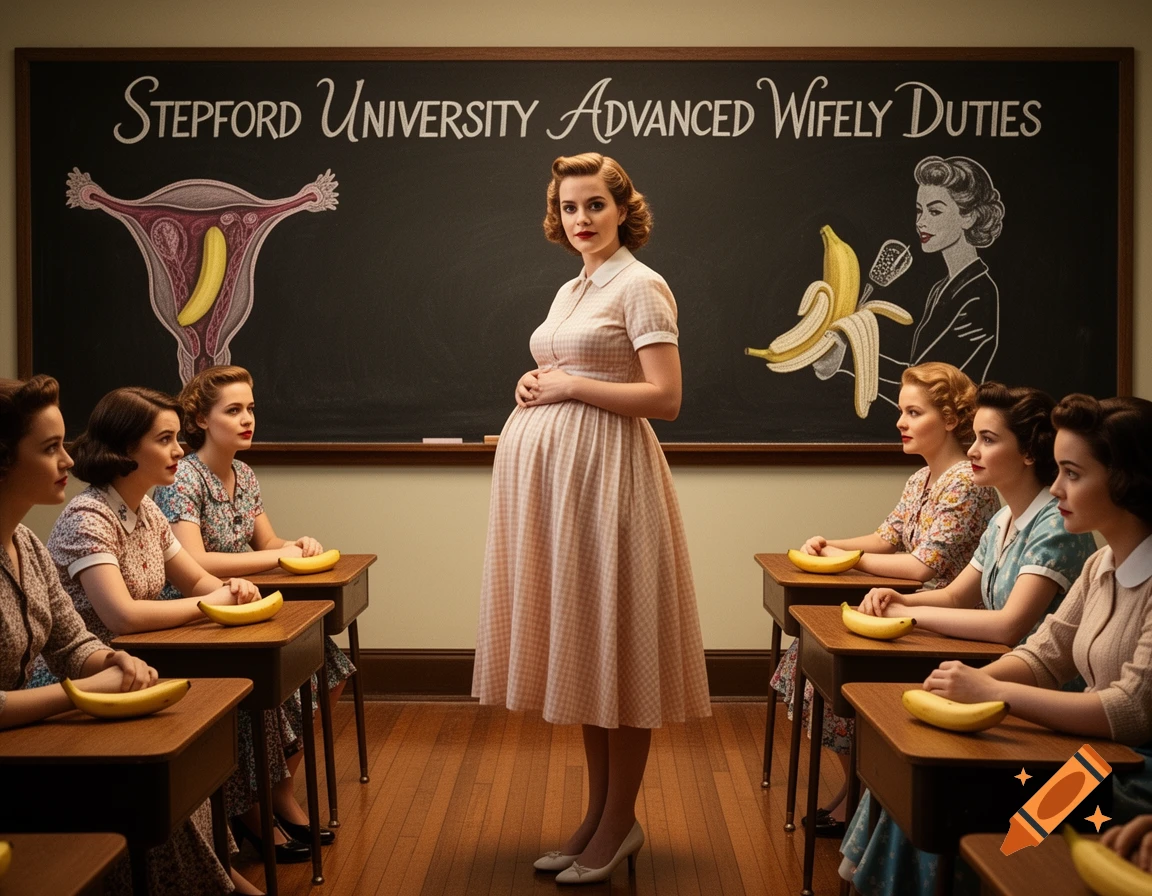 A pregnant woman in a 1950s classroom teaches other women, standing before a chalkboard with "Stepford University Advanced Wifely Duties" written on it and suggestive chalk drawings. Bananas are on students' desks.