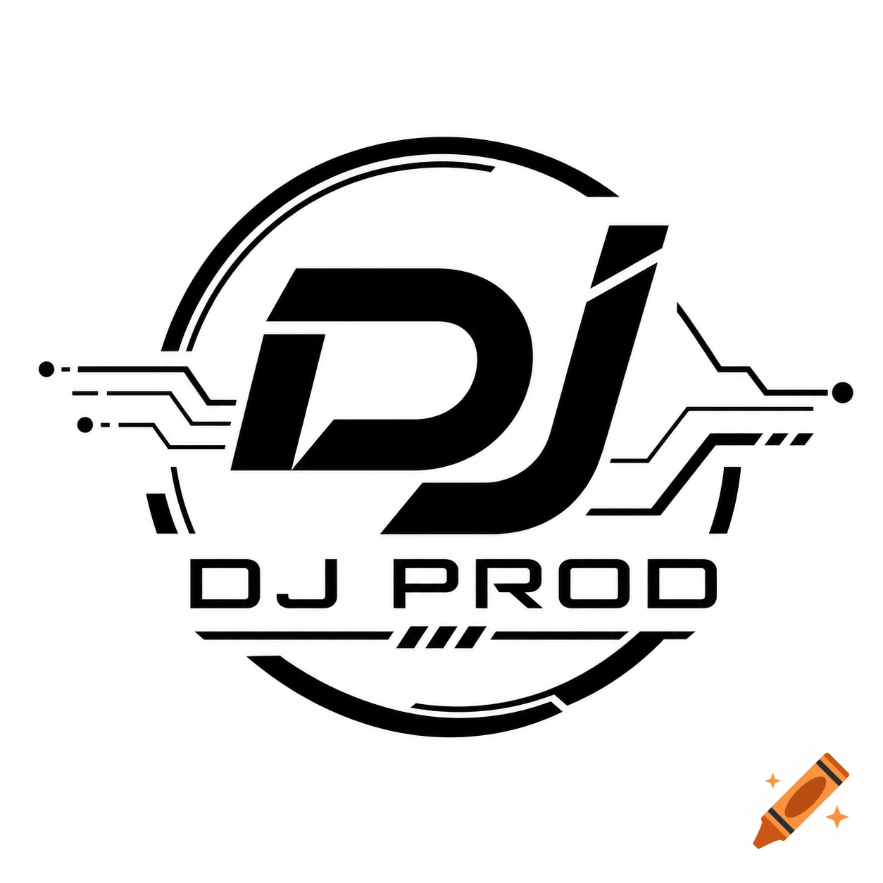 A futuristic black and white logo featuring a stylized 'DJ' with circuit board elements, and 'DJ PROD' text below.