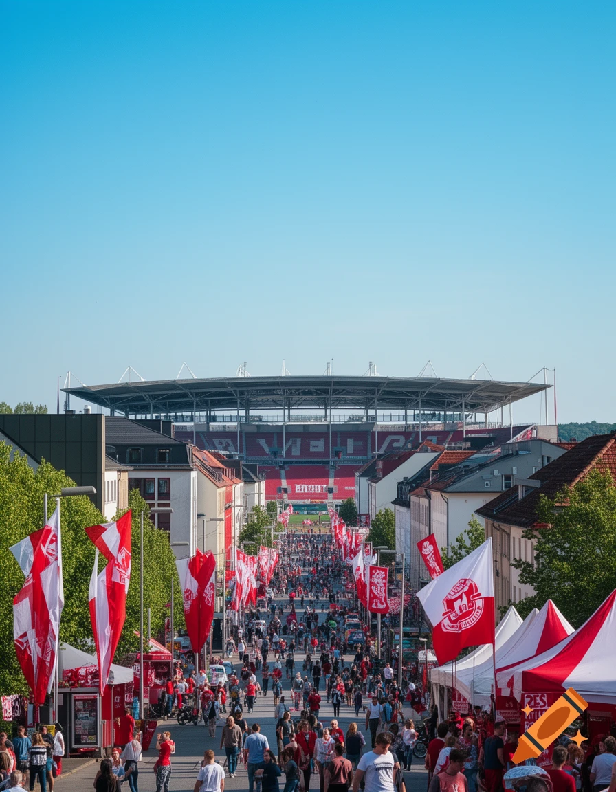 A large crowd of people in red and white gather on a wide street leading towards a stadium on a clear, sunny day.
