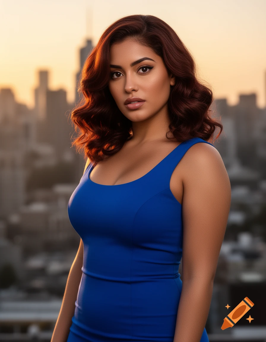 A curvy woman with auburn hair in a blue dress poses on a rooftop at sunset, with a blurred city skyline in the background.