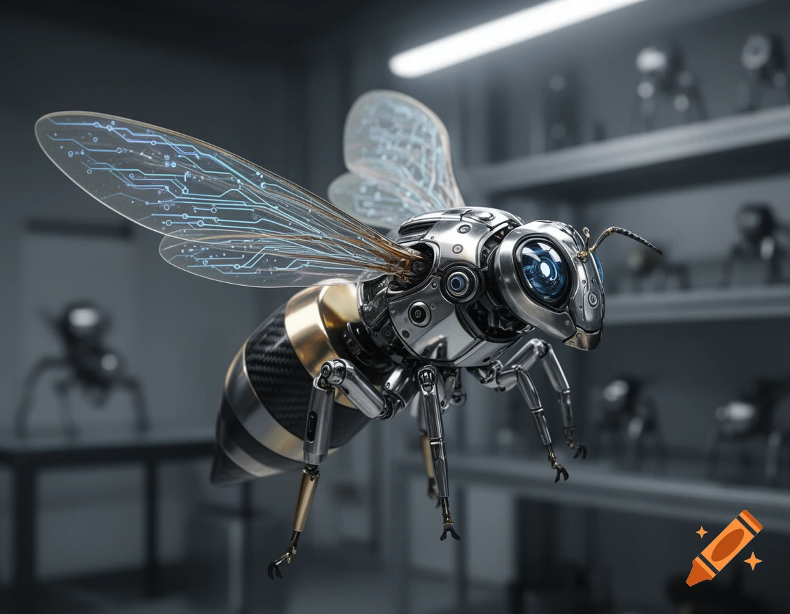 A highly detailed cybernetic bee robot with metallic silver and gold parts, a carbon fiber body, and transparent wings with circuit patterns, flying in a blurred laboratory setting.