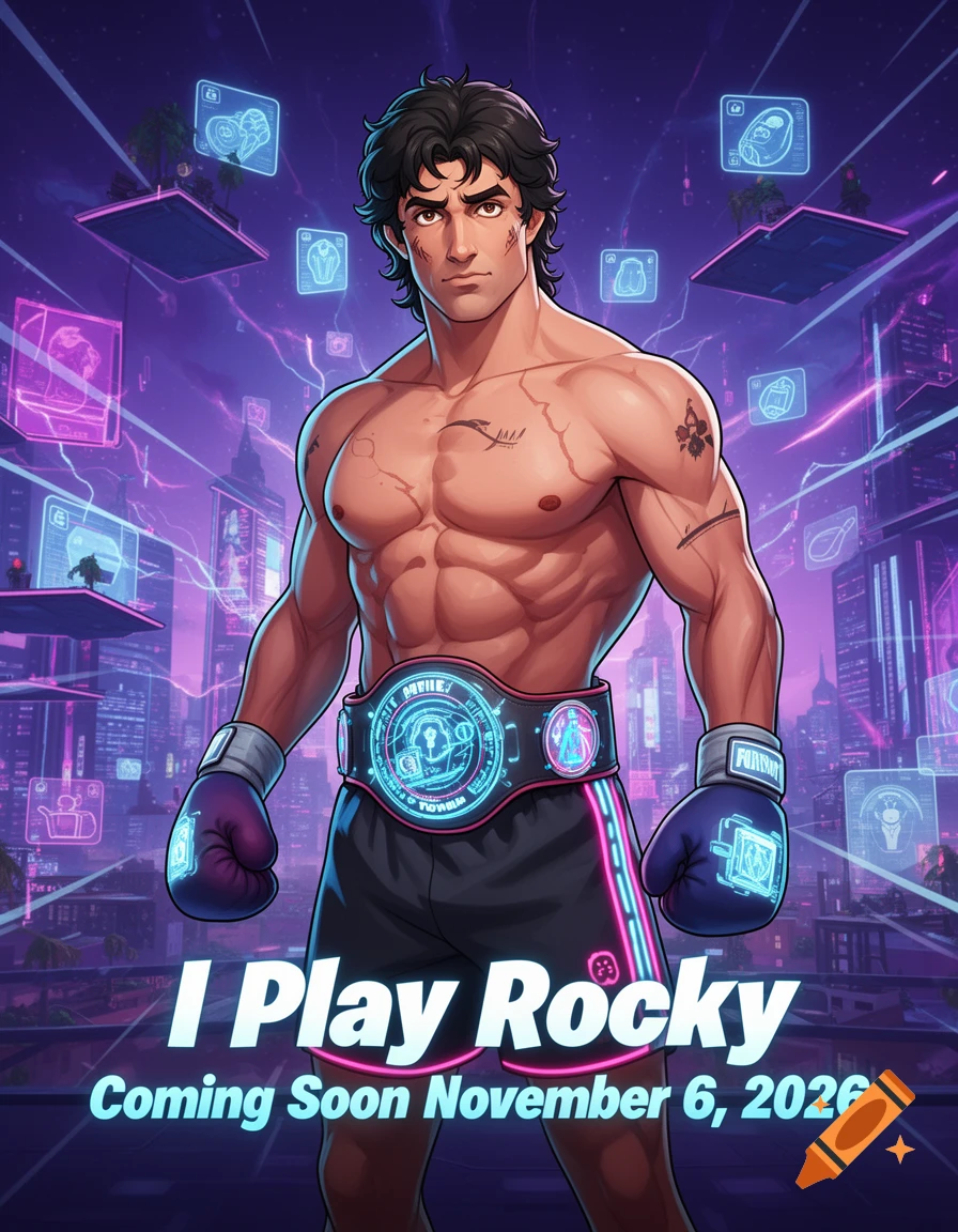 Muscular Rocky Balboa character in boxing shorts and gloves with a championship belt, set against a vibrant cyberpunk city background with neon lights and floating holographic displays. The text "I Play Rocky Coming Soon November 6, 2026" is at the bottom.