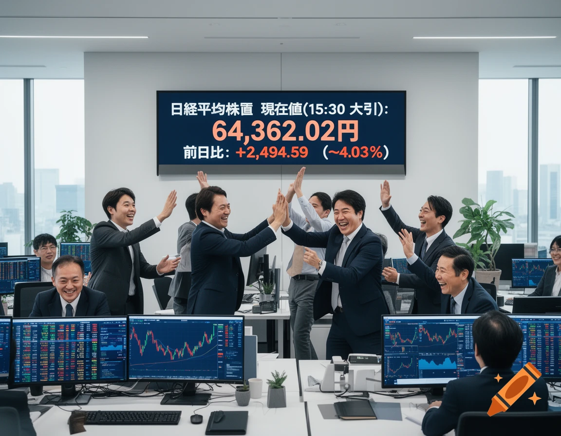 Photorealistic image of Japanese stock traders celebrating in an office, giving high-fives in front of monitors displaying market data and a large screen showing a significant stock market increase.