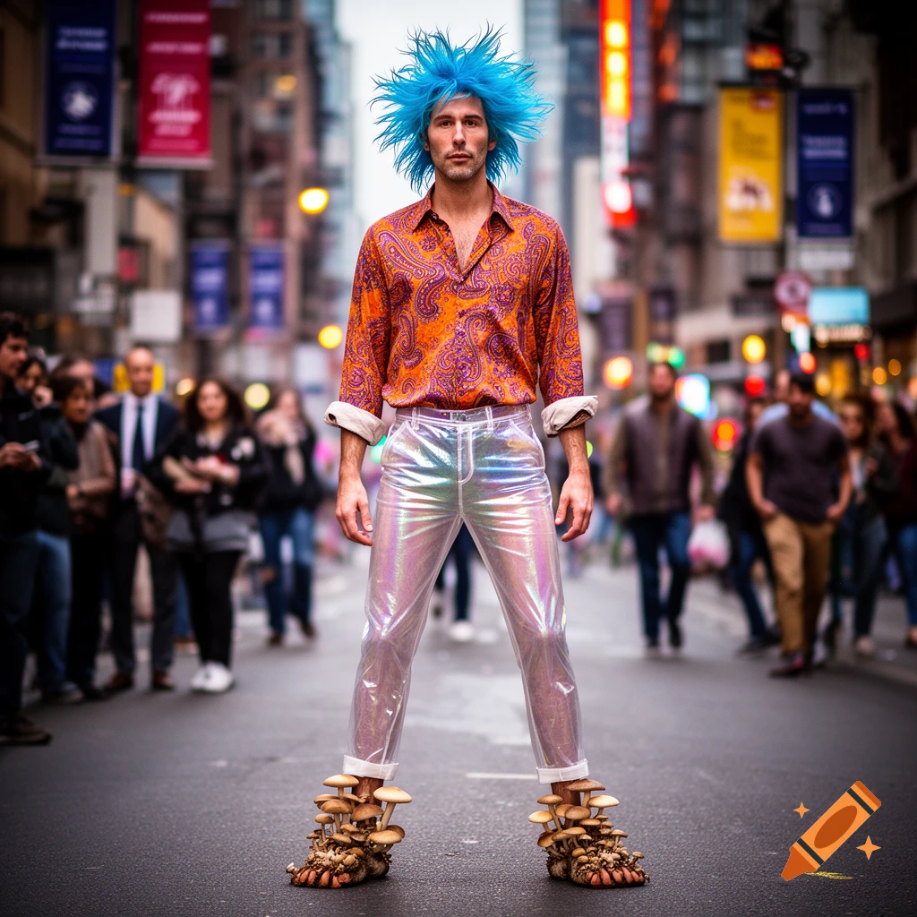 A man with spiky blue hair, an orange paisley shirt, and transparent pants stands in a city street with mushrooms growing on his feet.