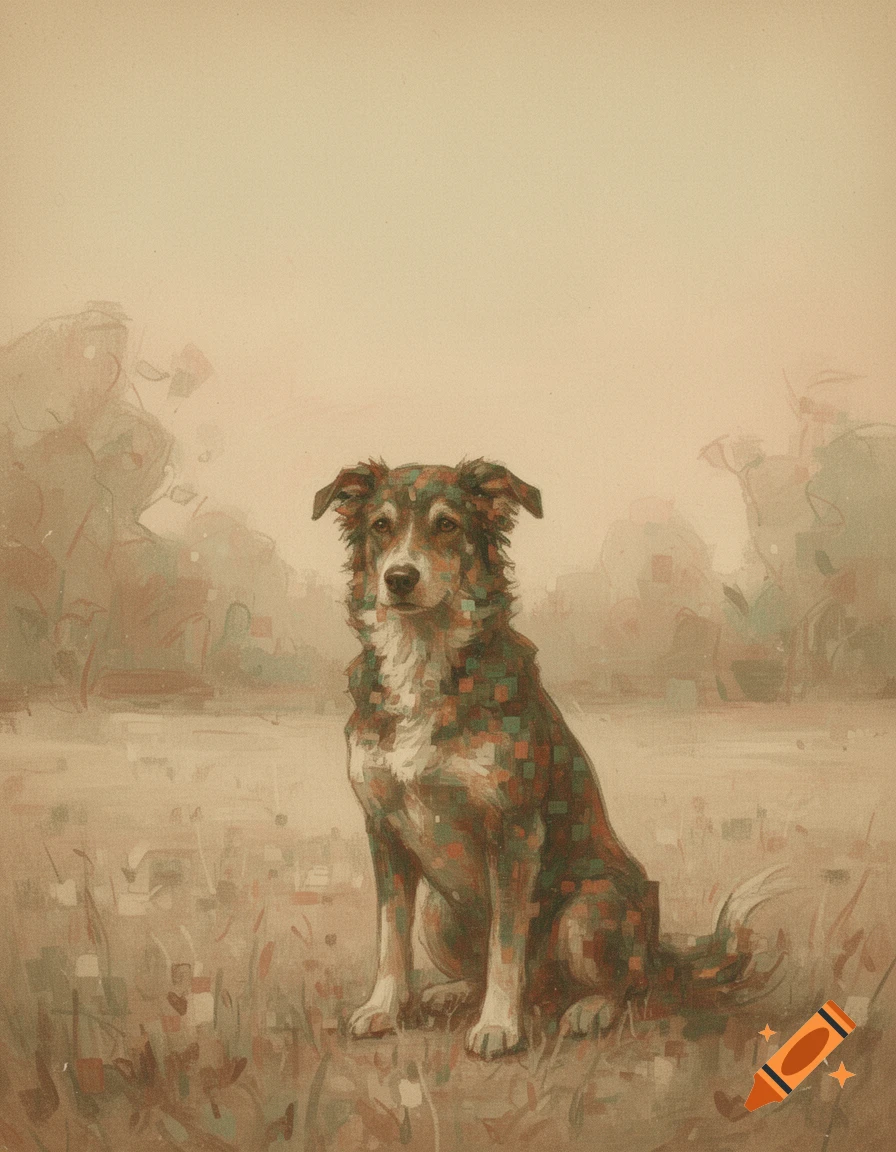 A dog with pixelated, blocky fur sits in a muted, stylized landscape, rendered in an old AI art style.