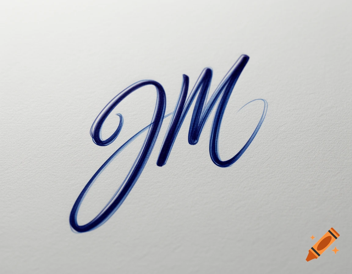 A dark blue, glossy, calligraphic monogram of the letters 'JM' on a textured white paper background.