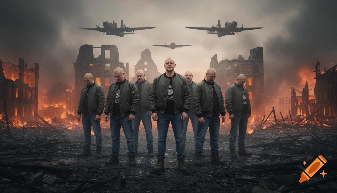 A group of bald men in bomber jackets stand in the foreground of a burning, ruined city under a cloudy sky with military planes flying overhead.