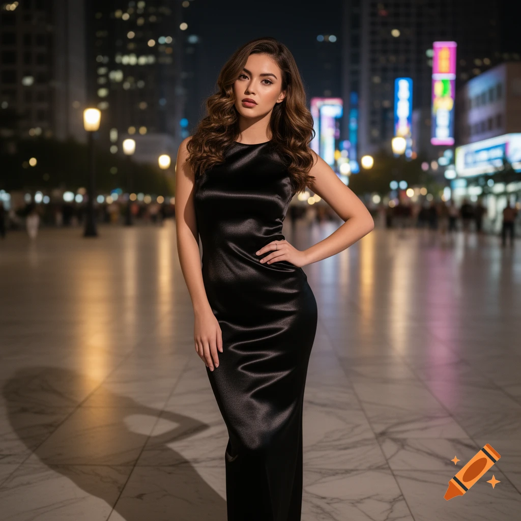 A photorealistic image of a woman in a sleek black satin gown posing on a city street at night with glowing lights.