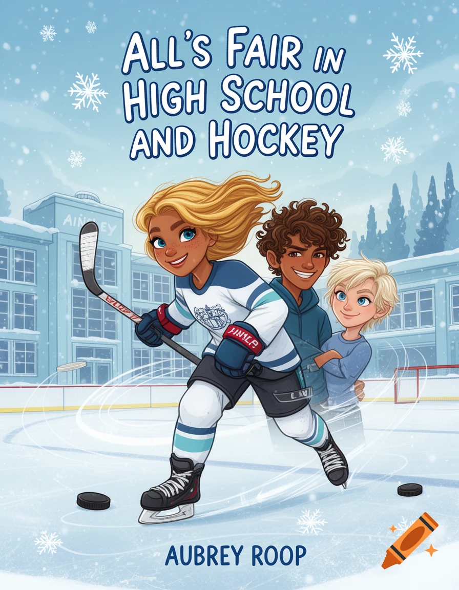 A playful cartoon book cover for "All's Fair in High School and Hockey" shows a blonde girl in hockey gear skating on ice with two boys behind her, in front of a snowy school.