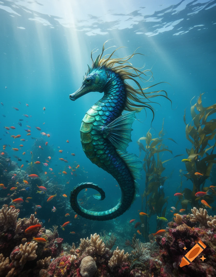 A majestic blue-green mythological hippocampus with a flowing mane swims through a vibrant coral reef with schooling fish and sun rays.