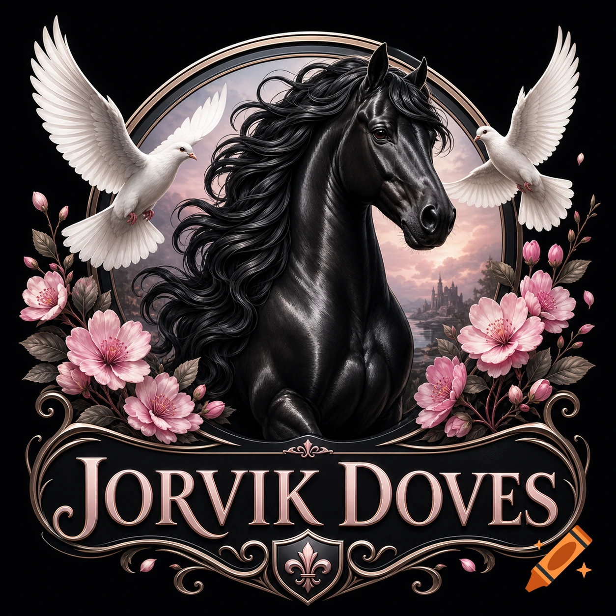 Ornate logo with a shiny black horse head, two white doves, pink cherry blossoms, and a distant castle, with 'JORVIK DOVES' text below.