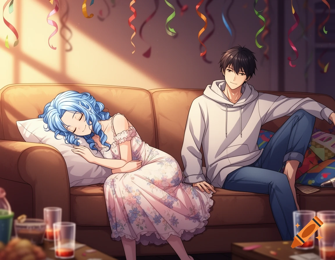 An anime illustration of a blue-haired girl sleeping on a couch next to a black-haired guy smiling, in a room with party streamers.