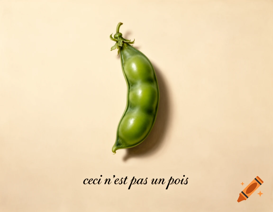 A green pea pod centered on a light beige background with the French text 'ceci n'est pas un pois' below it, in a minimalist style.