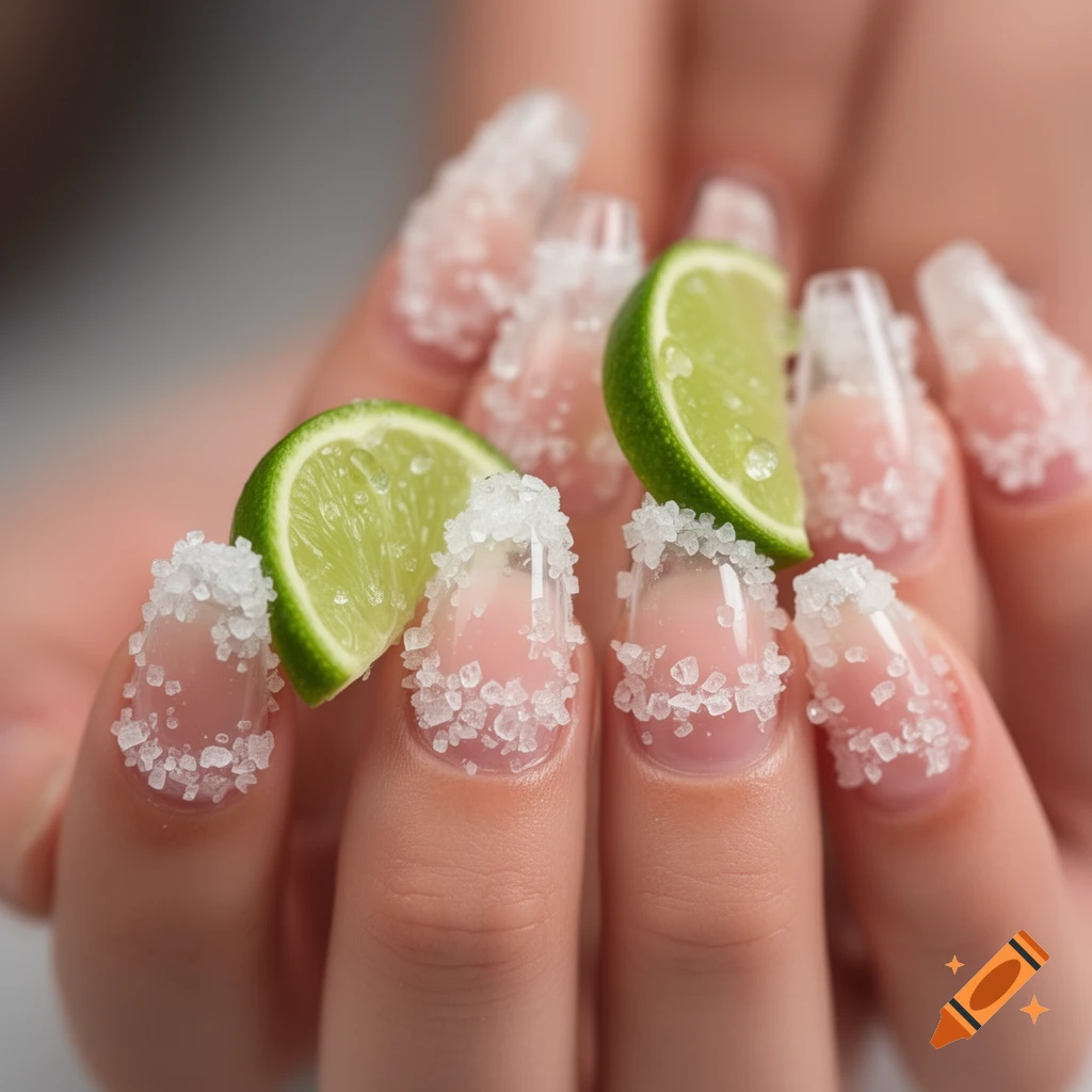 Close-up of manicured nails with clear french tips, salt crystals, and lime slices on top.