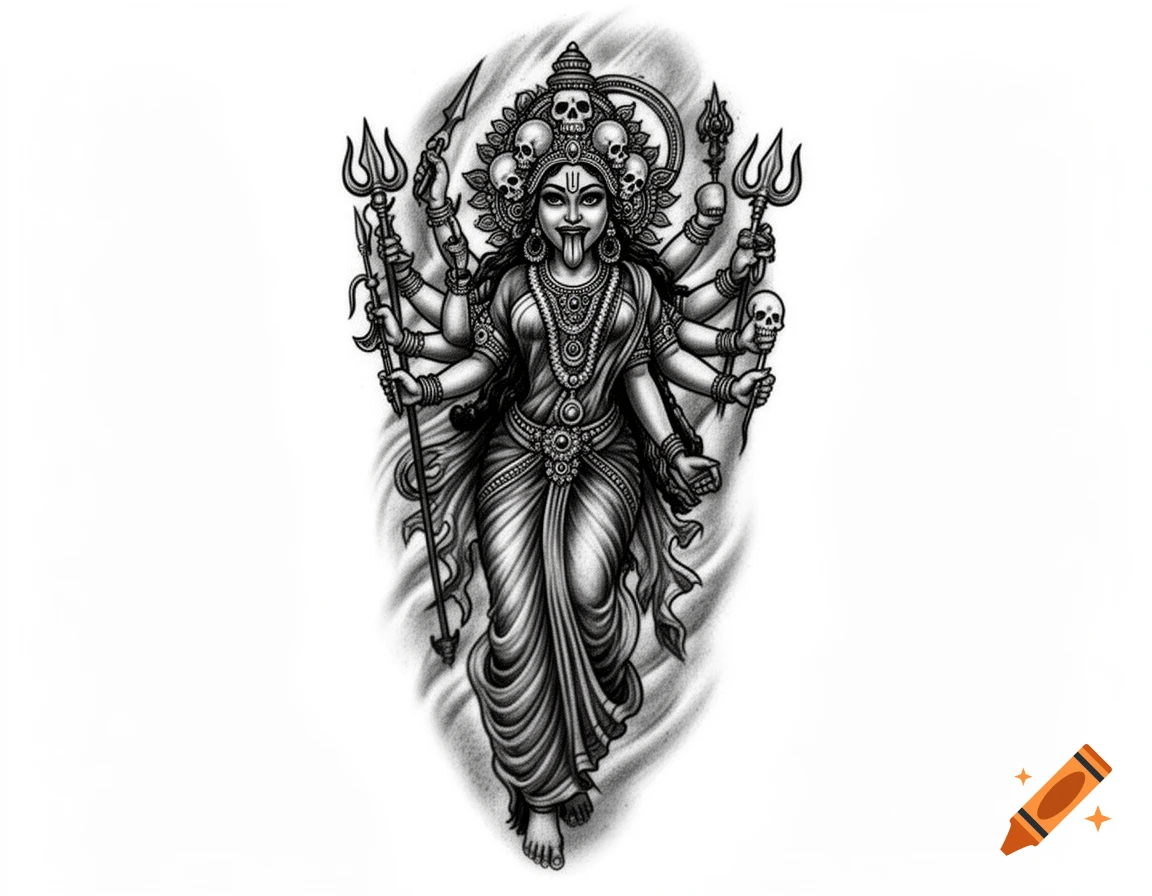 Black and white tattoo design of the Hindu goddess Kali with multiple arms, weapons, skulls, and a protruding tongue.