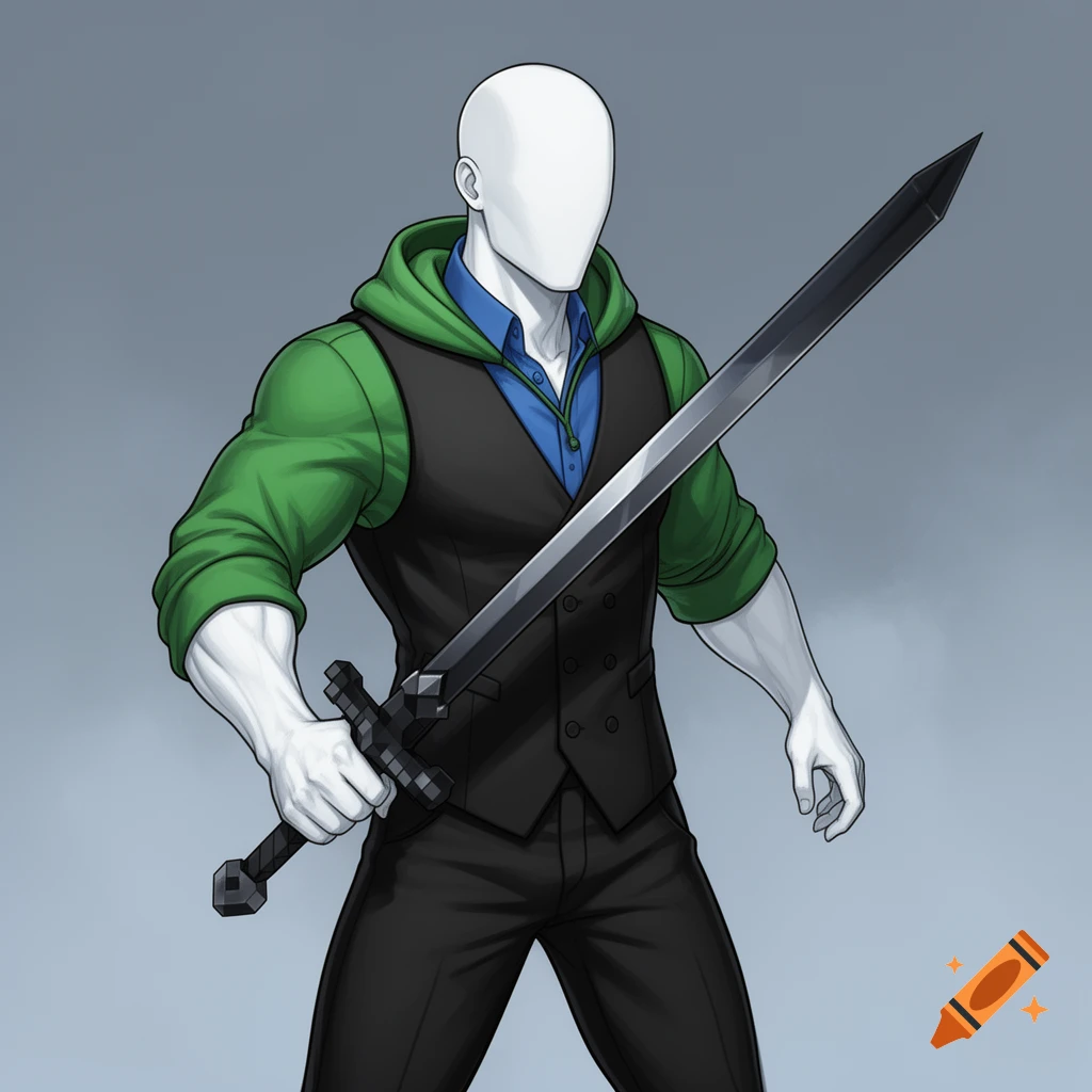 A stylized illustration of a muscular, faceless man in a green hoodie, black vest, and black pants, holding a netherite sword.