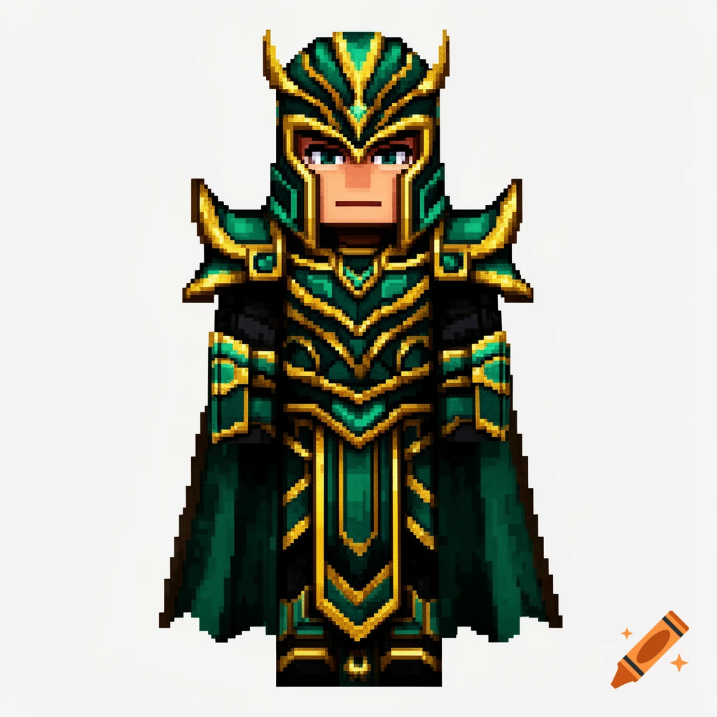 Pixel art Minecraft skin of a character in intricate green and gold fantasy armor, on a white background.