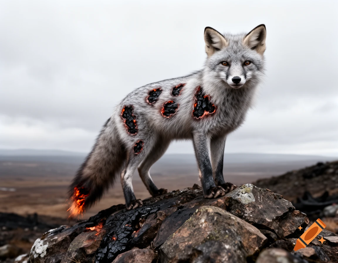 Photorealistic silver fox with glowing fire scars on its fur and tail, standing on dark rocks under a grey sky.