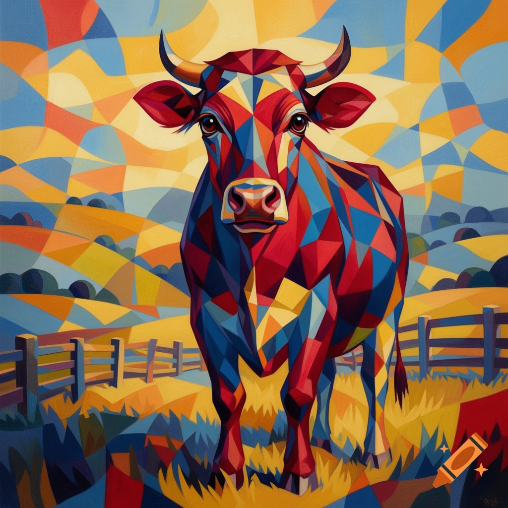 A vibrant cubist artwork of a cow composed of red, blue, and yellow geometric shapes, standing in a field under a sunny sky.