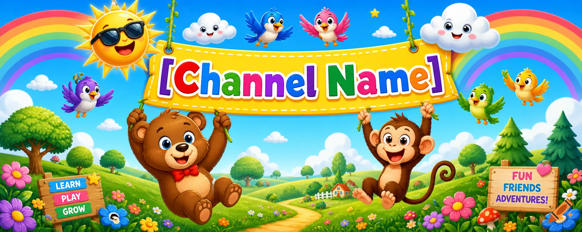 Vibrant cartoon illustration for a kids' YouTube channel with a bear and monkey swinging, a rainbow, sun, birds, and signs saying 'Channel Name', 'LEARN PLAY GROW', 'FUN FRIENDS ADVENTURES!'.