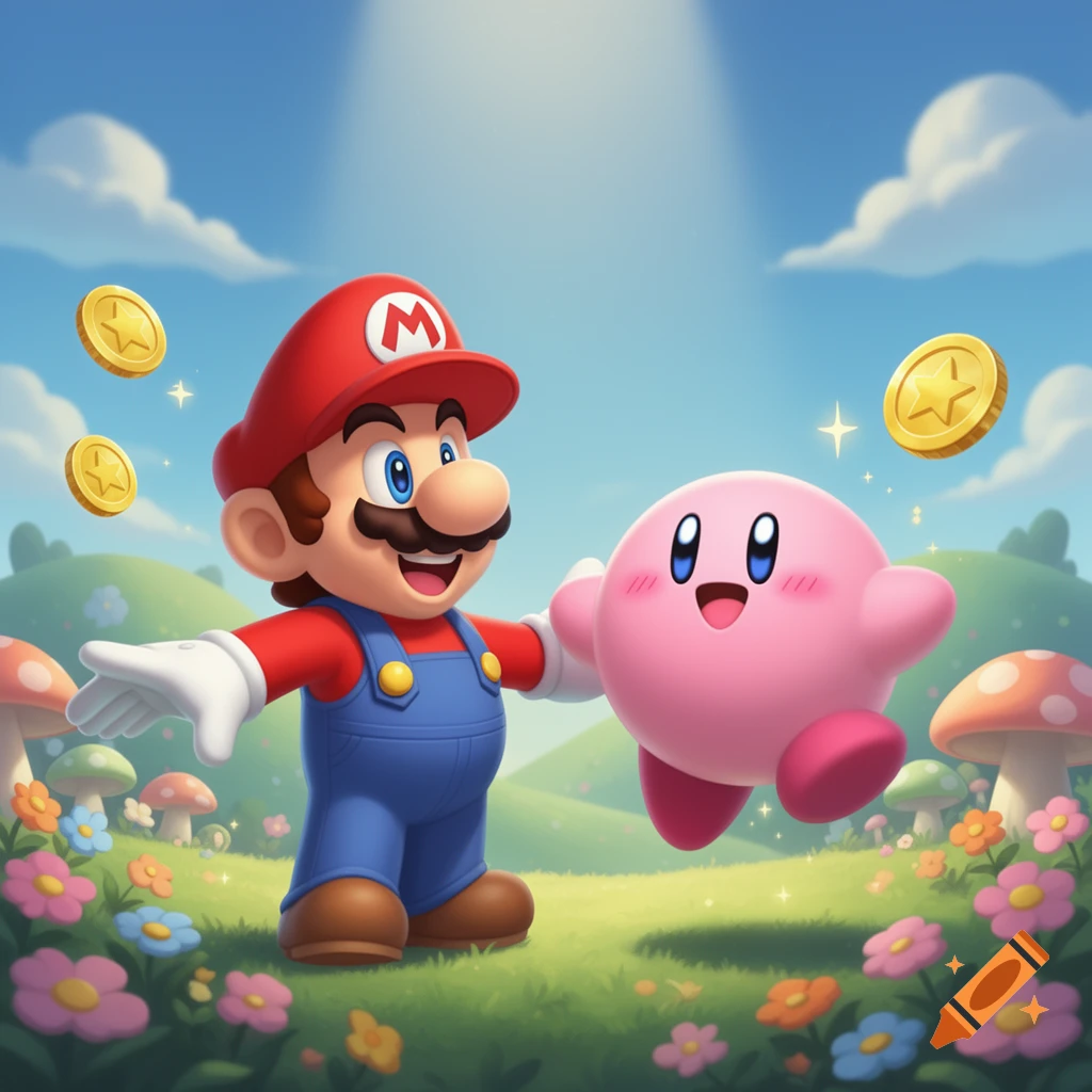 Mario and Kirby stand in a bright, animated fantasy field with coins, mushrooms, and flowers.