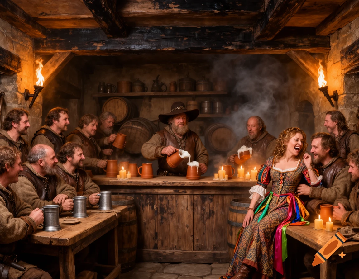 A lively medieval tavern scene with men drinking beer and an innkeeper pouring drinks. A woman in a colorful dress laughs while sitting with a man.