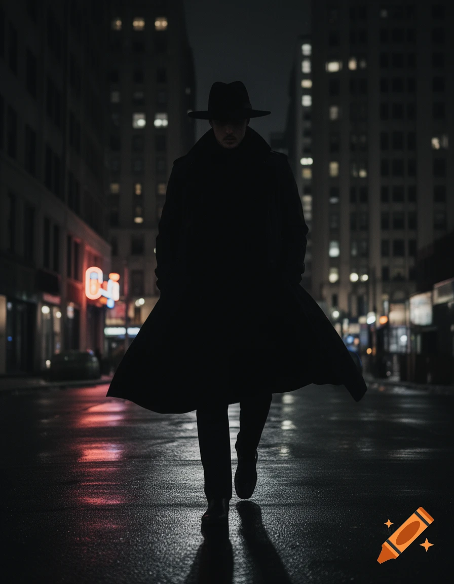 A mysterious man in a trench coat and fedora walks on a wet city street at night, silhouetted against building lights.