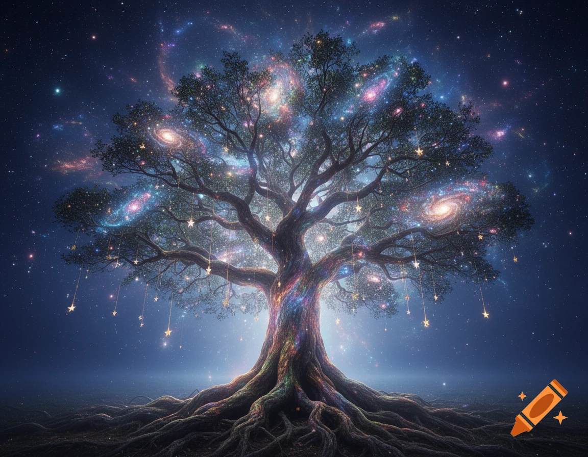 A majestic, glowing cosmic tree with roots and branches filled with colorful galaxies and twinkling stars against a deep blue night sky.