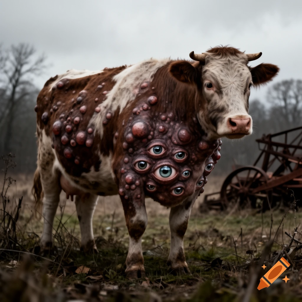 A mutated cow with many eyes and blisters on its body stands in a desolate field.