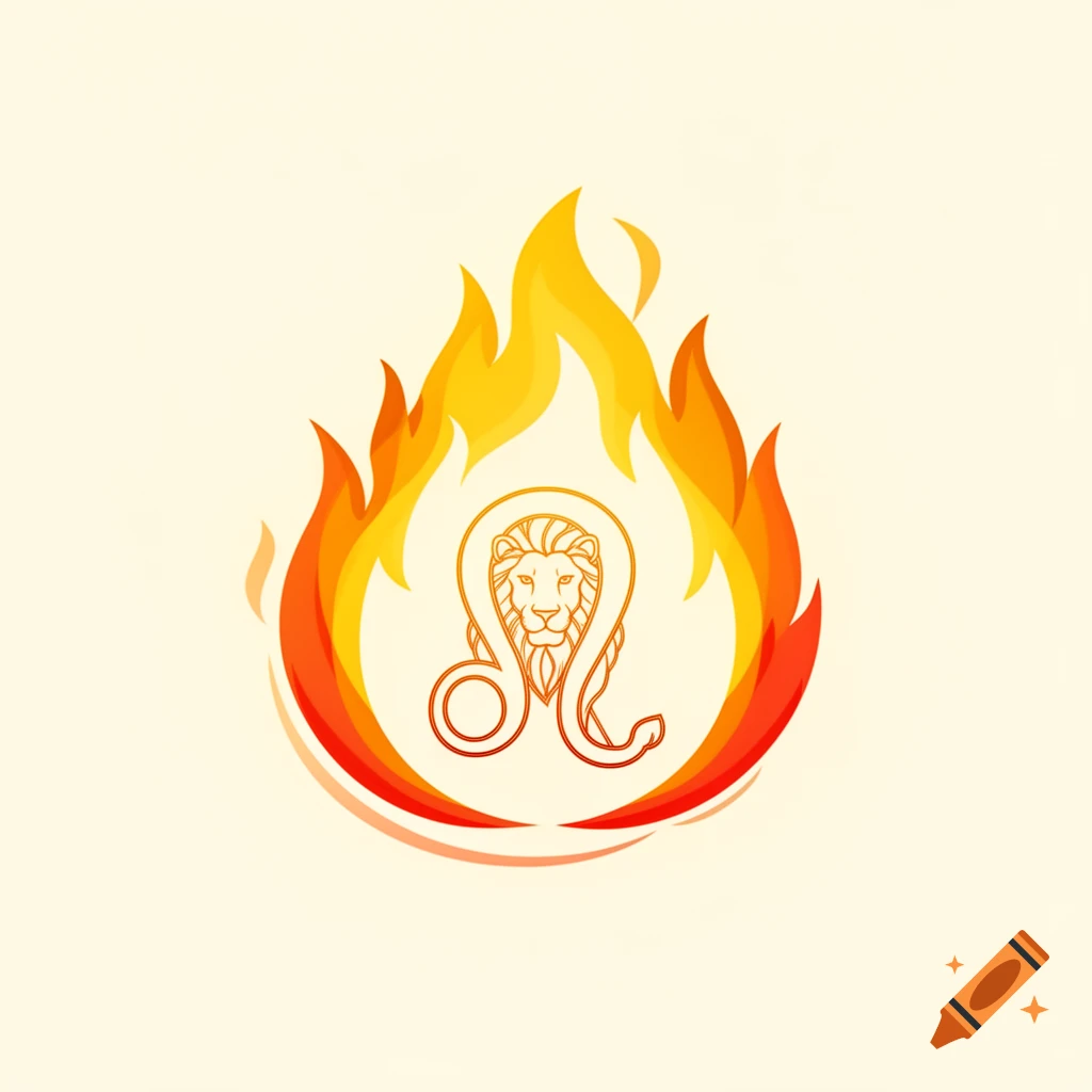 Minimalist line art illustration of the Leo astrological symbol surrounded by bright, warm flames.