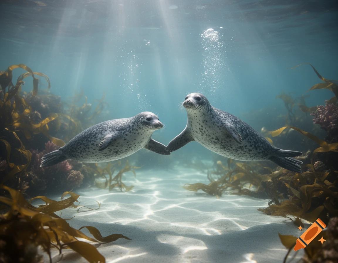 Two spotted seals swim underwater, flippers touching, amidst sunlight, seaweed, and a sandy seabed.