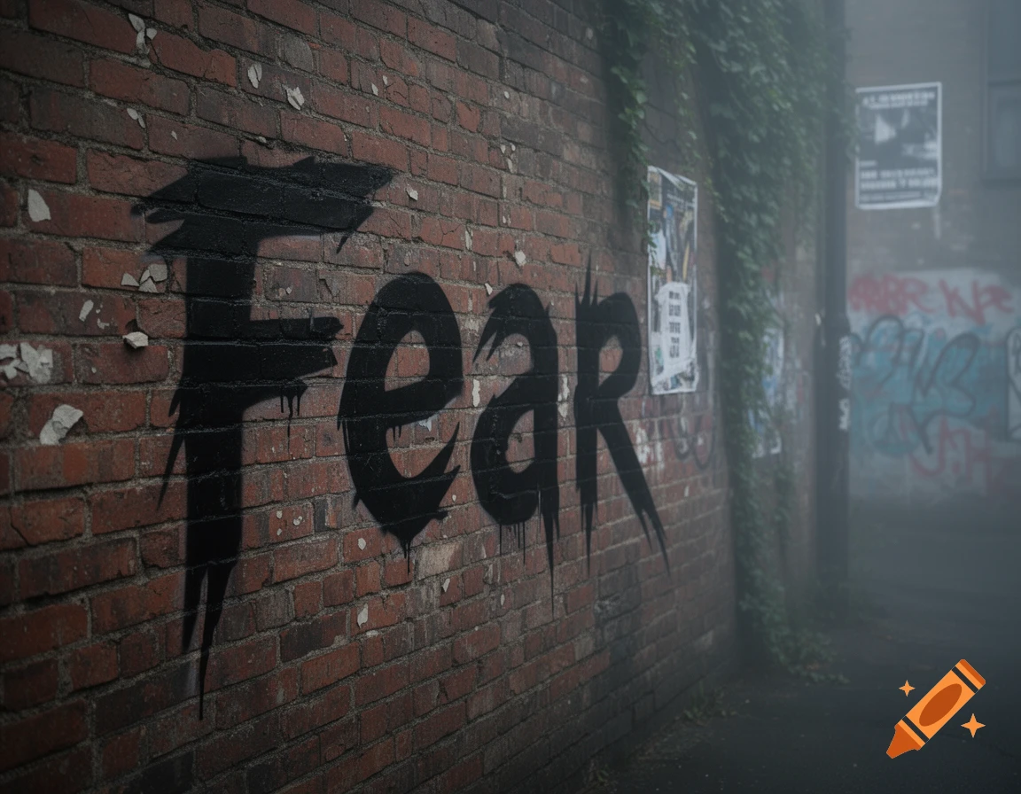 The word "FEAR" spray-painted in black on a brick wall in a foggy, moody urban alley with vines and posters.