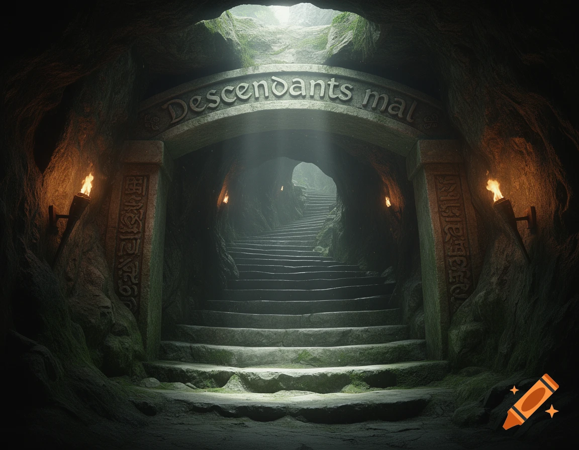 A dark, moss-covered cave entrance with a stone archway inscribed "Descendants mal." Torches light steps leading upwards into mist.