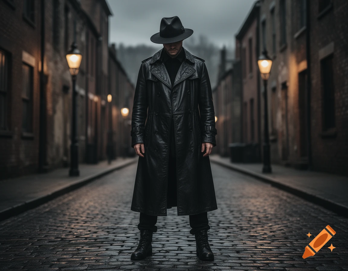 A mysterious man in a black trench coat and fedora stands centered on a dark, wet cobblestone street lined with old brick buildings and glowing gas lamps.
