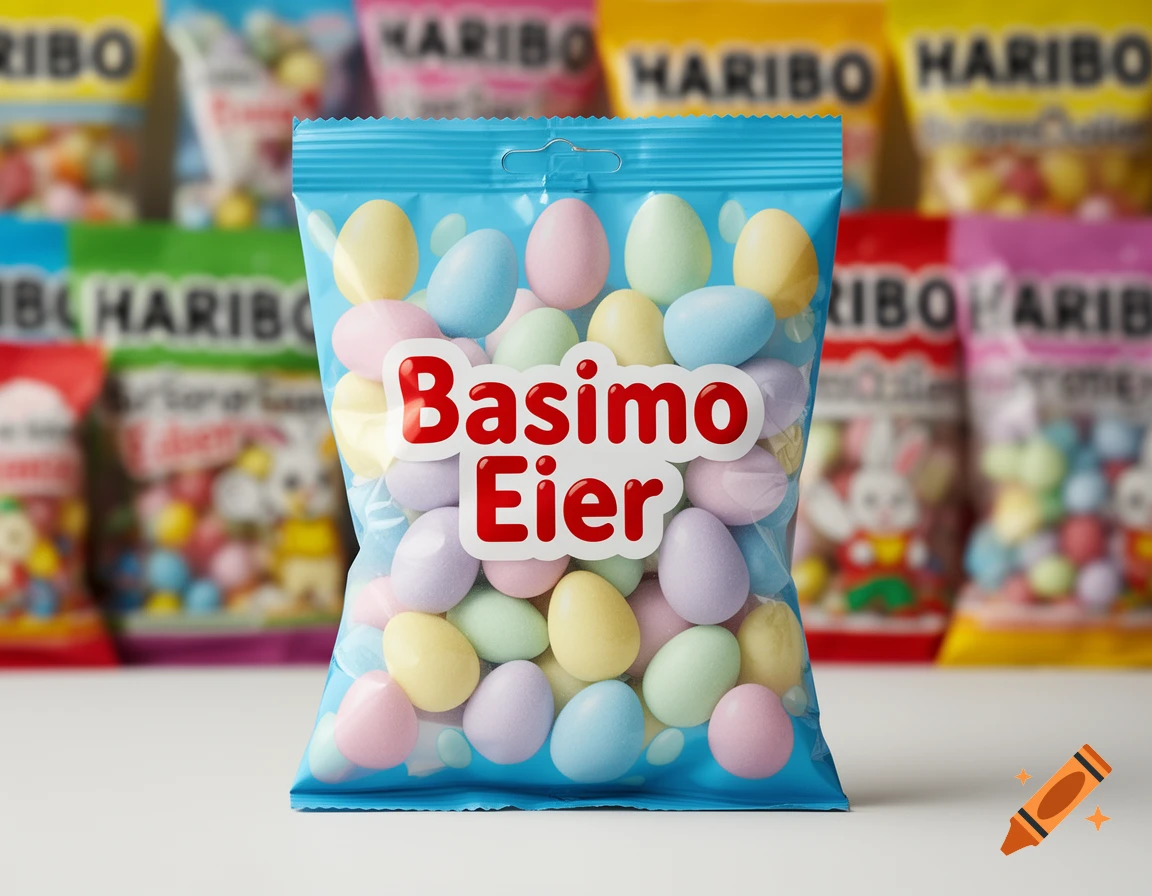 Photorealistic image of a blue bag of pastel candy eggs labeled "Basimo Eier", with blurred candy bags in the background.