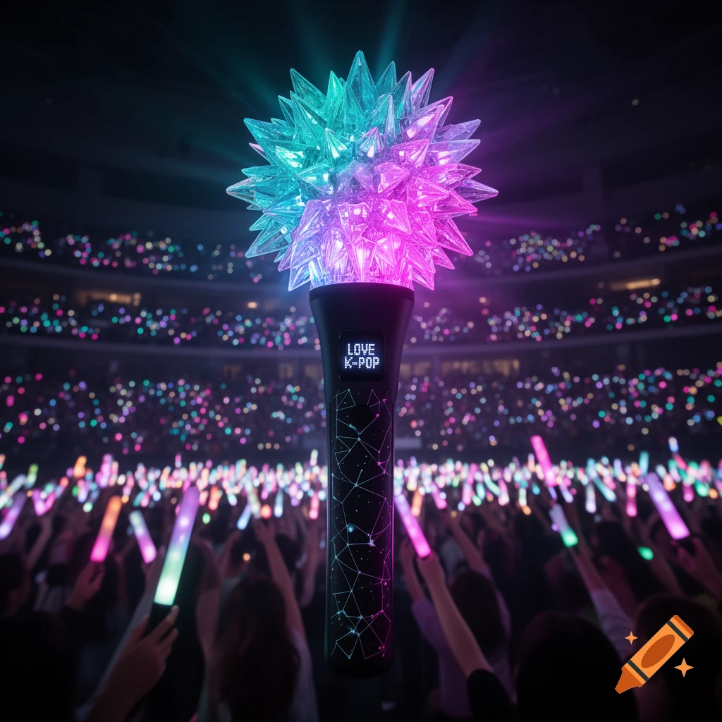 A close-up of a K-pop light stick with a spiky, glowing blue and pink top, displaying 'LOVE K-POP' on its handle, held up at a vibrant concert.